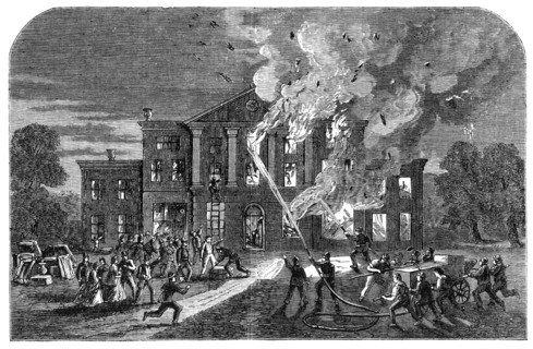 Burning of Pengwern Hall, near St. Asaph, the seat of Lord Mostyn, 1864. Creator: Unknown.
