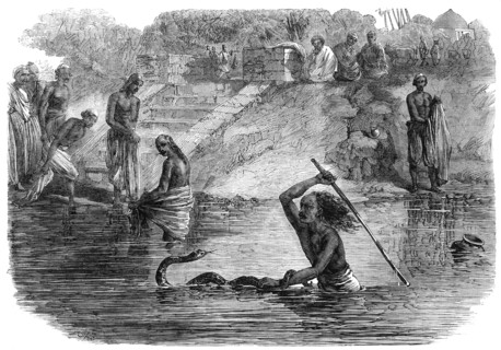 Hindoo bathers in the River Jumna surprised by a snake, 1864. Creator: J. A. B..