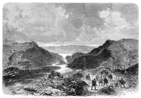 The Bradfield Reservoir, near Sheffield: the gap in the Dale Dyke embankment..., 1864. Creator: Unknown.