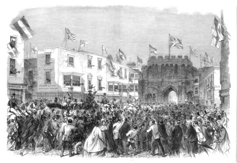 Garibaldi in England: arrival of Garibaldi at the townhall, Bargate, Southampton, 1864. Creator: Unknown.