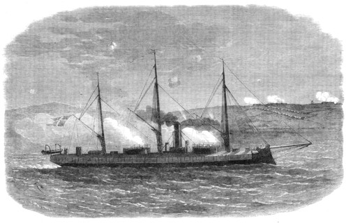 The War in Denmark: the Rolf Krake, Danish...gun-boat...engaging the Prussians before Düppel, 1864. Creator: Unknown.