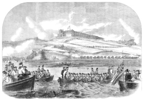 The siege operations in St. Mary’s Creek, Chatham: boats advancing to the assault, 1864. Creator: Unknown.