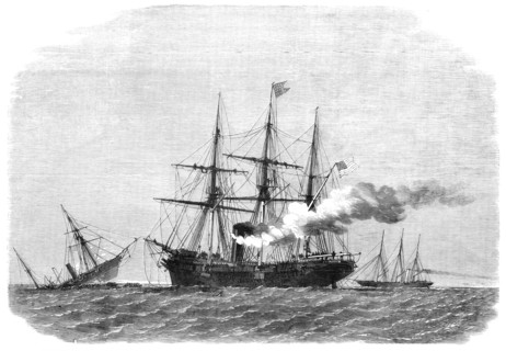 The action off Cherbourg on Sunday between the Alabama and the Kearsarge: the Alabama sinking, 1864. Creator: Smyth.