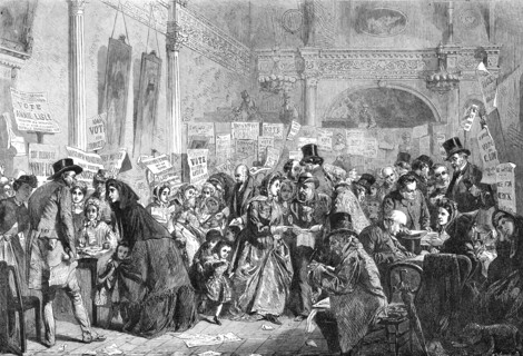 Infant Orphan Election at the London Tavern - Polling, by G.E. Hicks..., 1865. Creator: W Thomas.