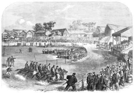 The Spring Meeting at Yokohama: race of the Japanese officers...the start..., 1865. Creator: Unknown.