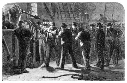 Examining the Atlantic Telegraph Cable, after raising it, on board the Great Eastern, 1865. Creator: Unknown.