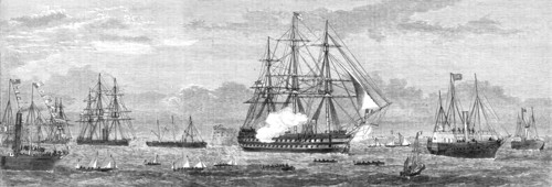 The British Channel Squadron entering Cherbourg Harbour, 1865. Creator: Unknown.