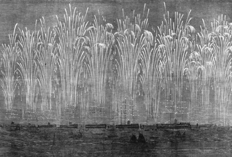 The International Naval Festival at Portsmouth: flight of rockets and illumination..., 1865. Creator: Unknown.