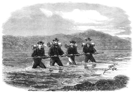 An Exploring Party on the West Coast of New Zealand: crossing the River Teramakau, 1865. Creator: Unknown.