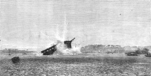 Experiments with torpedo-shells at Chatham: blowing-up of the Terpsichore by a 75-pounder, 1865. Creator: Unknown.