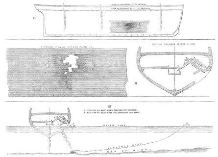 Sections of the hull of H.M.S. Terpsichore, showing effect of the torpedo explosion at Chatham, 1865 Creator: Unknown.