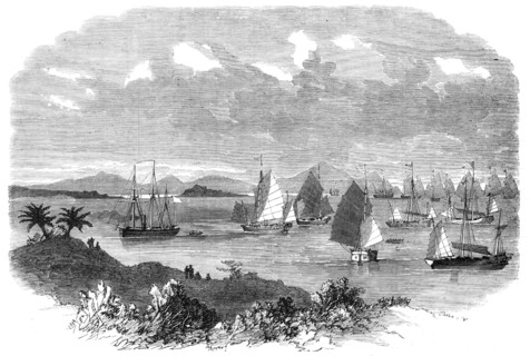 Fleet of Chinese junks, with H.M.S. Opossum, preparing to attack pirates at How-Chow, 1865. Creator: Unknown.