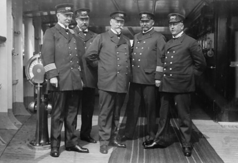 On the Imperator, Capt. H. von Meibom, Com. Ruser, Capt. A. Hoefer, Capt. H. Schetelig..., 1913. Creator: Bain News Service.