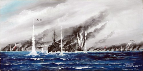 Jutland. Battle Cruisers Engaging German Navy, 1916. Creator: John Gibb Glendinning.