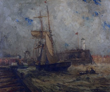 Brigantine going into Littlehampton Harbour, (c1900s) Creator: Nelson Ethelred Dawson.