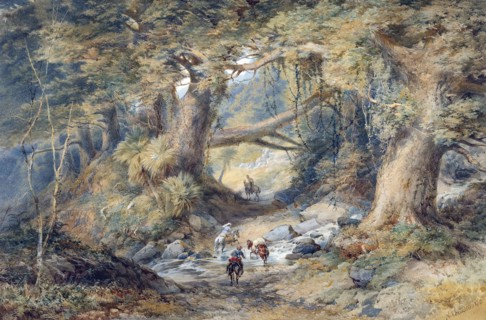Crossing the Teremakau River, 1876. Creator: Nicholas Chevalier.