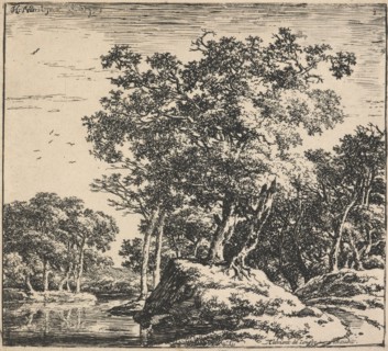 Eight landscapes. Plate 1: Two trees growing on a mound next to a pond, 1640-51. Creator: Herman Naiwincx.