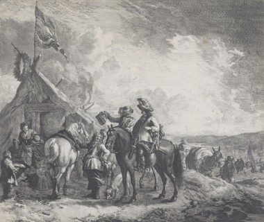 Encampments: A military encampment with a tent flying a flag,  c.1670. Creator: Jan de Visscher.