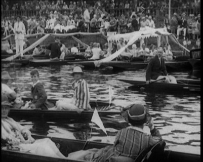 Groups of People Picnicking in Punts at Boulter's Lock, Maidenhead, 1926. Creator: British Pathe Ltd.