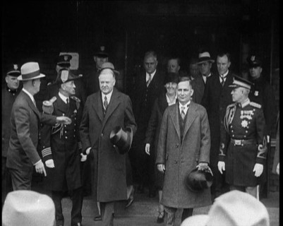 United States of America's President Herbert Clark Hoover Emerging from a Building with the..., 1930 Creator: British Pathe Ltd.