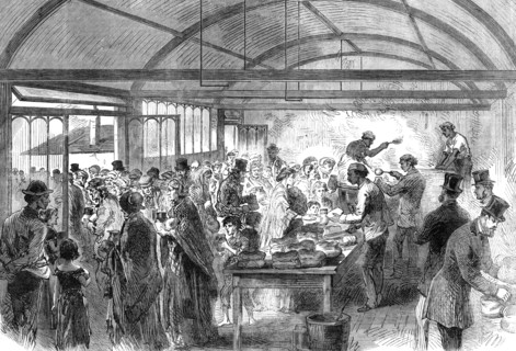 Distributing soup at the Strangers' Home, Limehouse, 1868. Creator: Unknown.