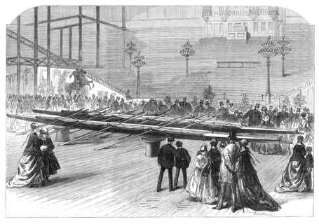 Exhibition of the Oxford and Cambridge boats at the Crystal Palace, 1869. Creator: Unknown.