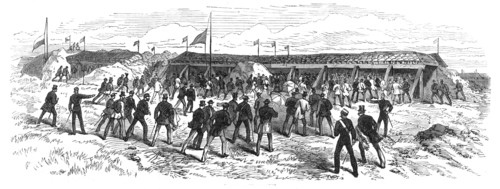 Experiments at Shoeburyness on the Plymouth Breakwater Target: the splinter-proofs, 1868.  Creator: Unknown.