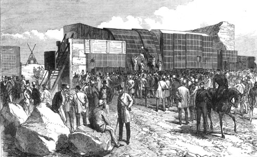Experiments at Shoeburyness,...Plymouth Breakwater Target: examining the target after firing, 1868. Creator: C. R..