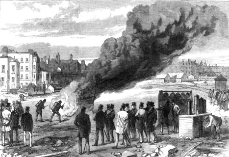 Experiments with l’Extincteur on the Thames Embankment before the Prince of Wales, 1868. Creator: C. R..