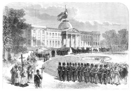 Funeral procession of the Prince Royal of Belgium leaving the Palace of Laeken, 1869. Creator: Unknown.