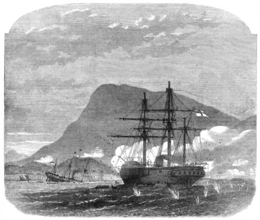 H.M S. Bulldog in conflict with the flotilla and forts at Cape Haytien, on the coast of Hayti, 1865. Creator: Smyth.