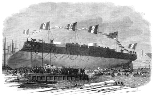 Launch of the Affondatore, iron-clad cupola frigate, built for the King of Italy at Millwall, 1865. Creator: Smyth.