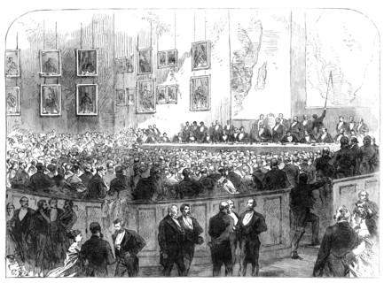 Mr. Young describing his search for Dr. Livingstone, meeting of the Royal Geographical Society, 1868 Creator: Unknown.