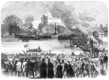 Oxford and Cambridge Universities Boat-Race: the start from Putney, 1869. Creator: Unknown.