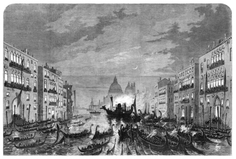 Procession of funeral gondolas with the body of Daniel Manin, on the Grand Canal, Venice, 1868. Creator: Unknown.