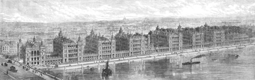 Proposed new buildings of St. Thomas's Hospital at Stangate, Lambeth, above Westminster Bridge, 1865 Creator: Unknown.