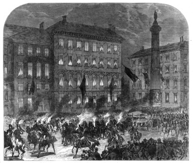 The body of the late King of the Belgians taken into Brussels by torchlight, 1865. Creator: Unknown.