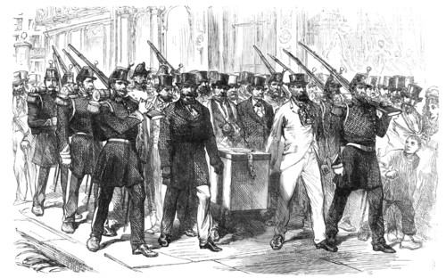 The Elections in France: removal of...voting-urn from a district polling-place to the Mairie, 1869. Creator: Unknown.