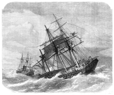 The late collision off The Lizard: H.M.S. Terrible towing The Calcutta into Plymouth, 1869. Creator: Unknown.