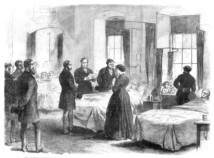 The Prince of Wales visiting persons at St. Bart's Hospital wounded by Clerkenwell Explosion, 1868. Creator: Unknown.