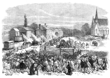 The Riot at Mold, Flintshire: attack on the soldiers at the railway station, 1869. Creator: Unknown.