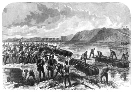 The Volunteer Review at Portsmouth: the 1st Hants Engineer Volunteers constructing a...bridge, 1868. Creator: Unknown.