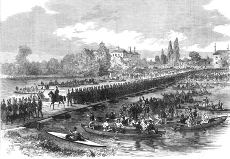 The Volunteer Review at Windsor: volunteers crossing the pontoon bridge over the Thames..., 1868. Creator: Unknown.