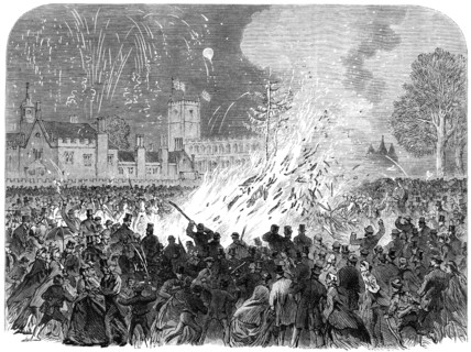 Visit of the Prince and Princess of Wales to Melford Hall, Suffolk: the bonfire on the Green, 1865. Creator: Unknown.