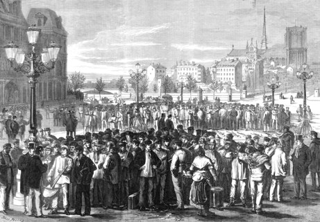 Workmen waiting to be engaged in the Place of the Hotel de Ville, Paris, 1869. Creator: Unknown.
