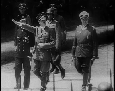 Adolf Hitler Saluting as He, Hermann Goering and Others Arriving at Compiegne to Receive..., 1940. Creator: British Pathe Ltd.
