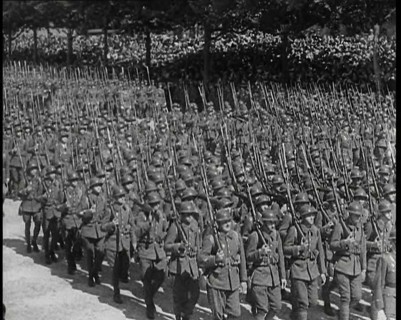 Lines of Male French Soldiers Marching Down the Champs Elysees During a Bastille Day..., 1939. Creator: British Pathe Ltd.