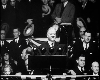 President Herbert Hoover Addressing Masses of His Supporters in a Large Conference Centre, 1932. Creator: British Pathe Ltd.