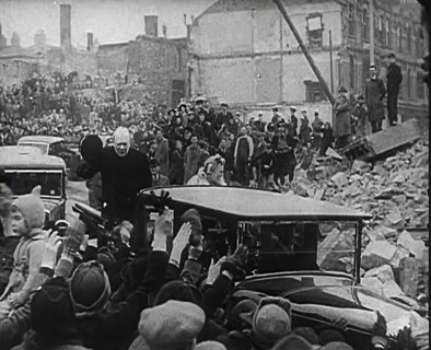 Winston Churchill and Clementine Churchill Driving Through Bombed Out Buildings, 1941. Creator: British Pathe Ltd.