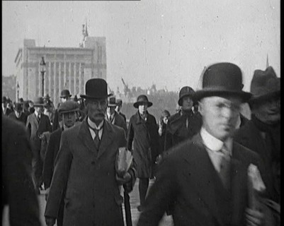 Pedestrians And Commuters Crossing London Bridge, 1920s. Creator: British Pathe Ltd.